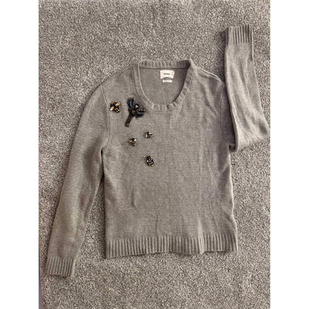 NOTSHY Cashmere Sweater L Grey Beaded Bee Dragonfly Embellished Whimsical French